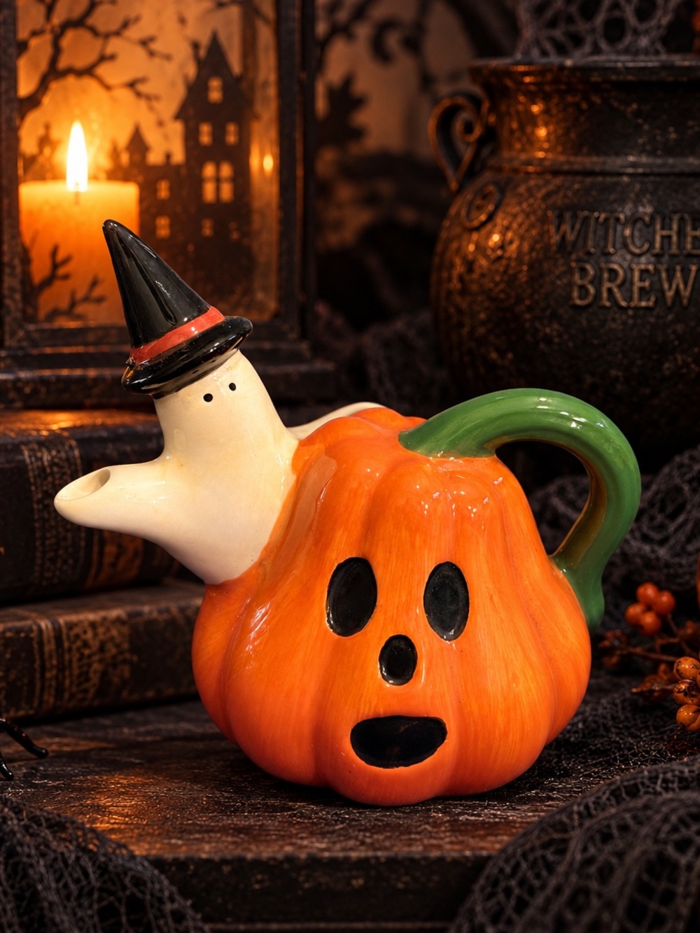 Sakura China Halloween Pumpkin Witch Ghost Ceramic Pitcher Vintage